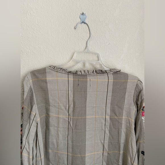 Curations Round Neck Tie String Plaid Embroidered Floral Sleeves Blouse Size L - Picture 12 of 12